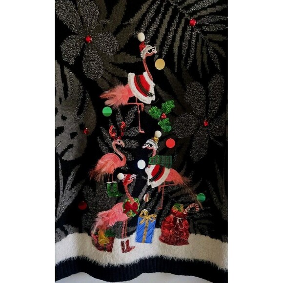 33 degrees Ugly Christmas Sweater Flamingos Embellished Sequins Feathers XS - Picture 3 of 9